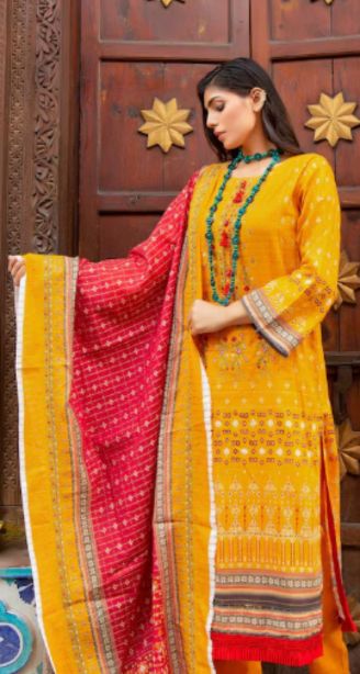 Best salwar suit in kunnamkulam-A woman in a striking yellow and red Pakistani suit, embodying the beauty of traditional clothing and cultural expression.